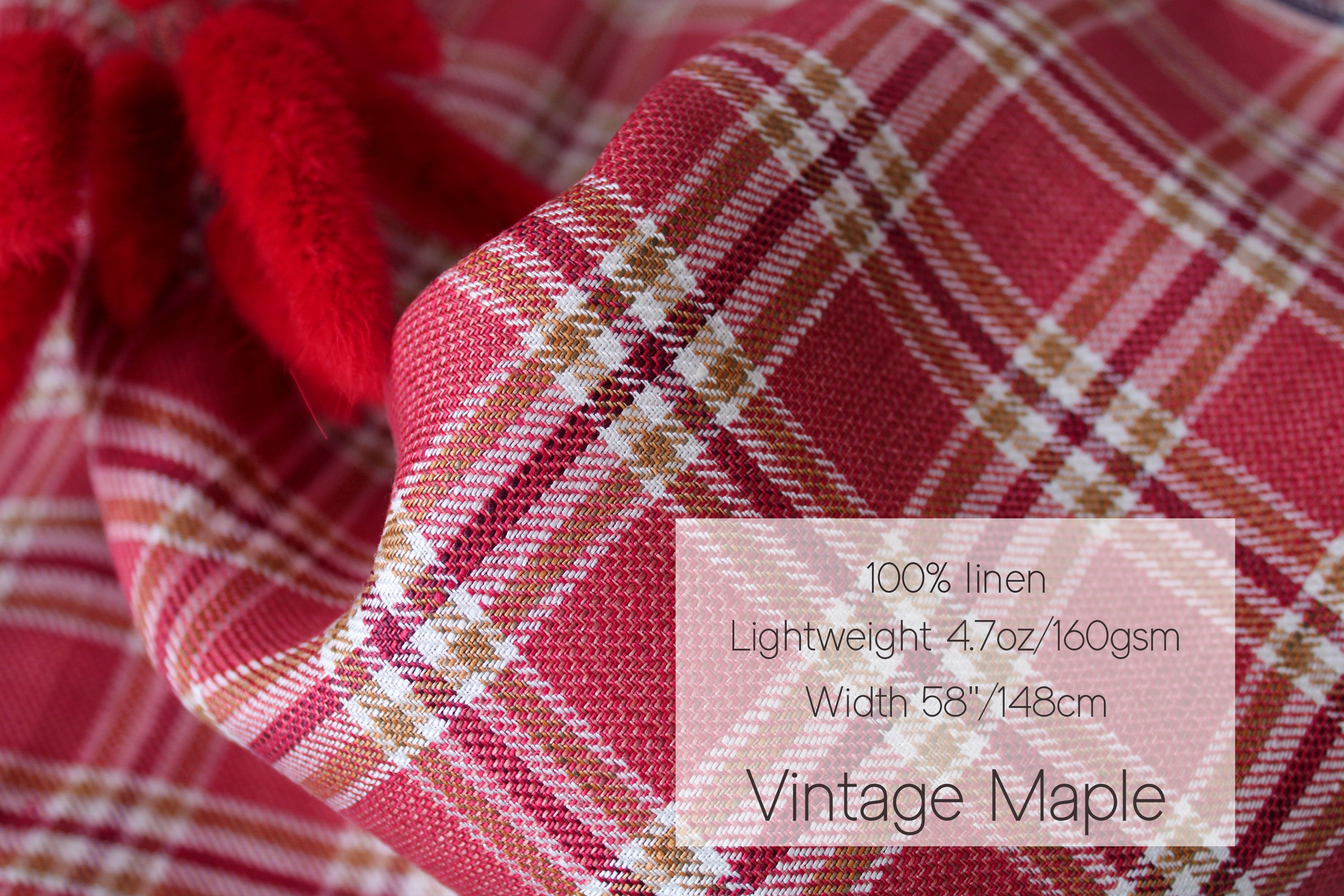 100% Linen Fabric by the Yard / Beige Brown Wine Check Plaid Linen Fabric / Buy Linen Online