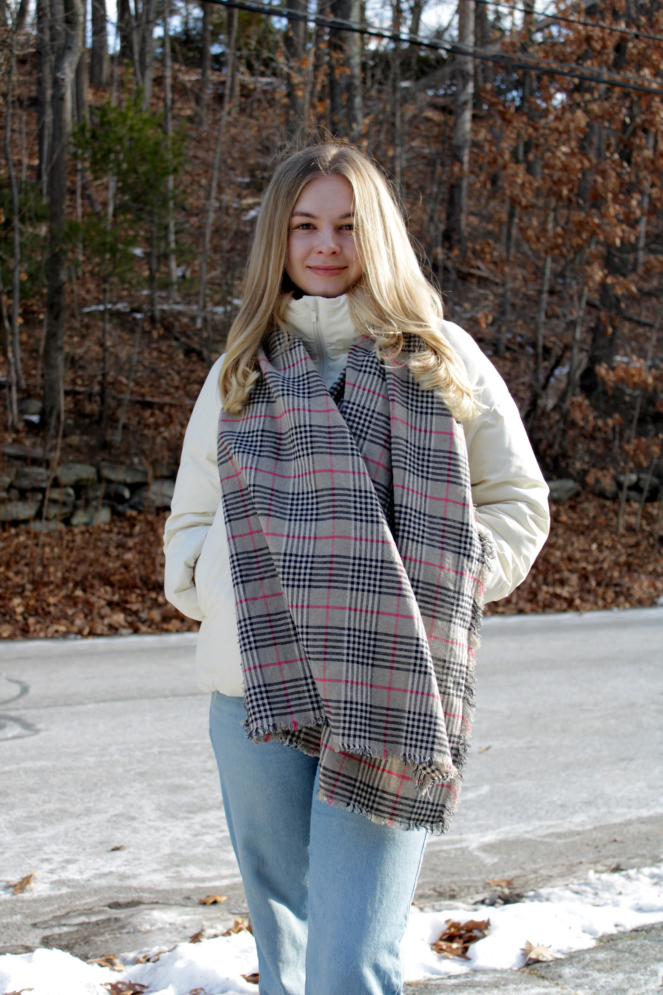 Natural Linen Scarf - Handmade Thick Flax Linen Scarf - Heavyweight Plaid Pattern