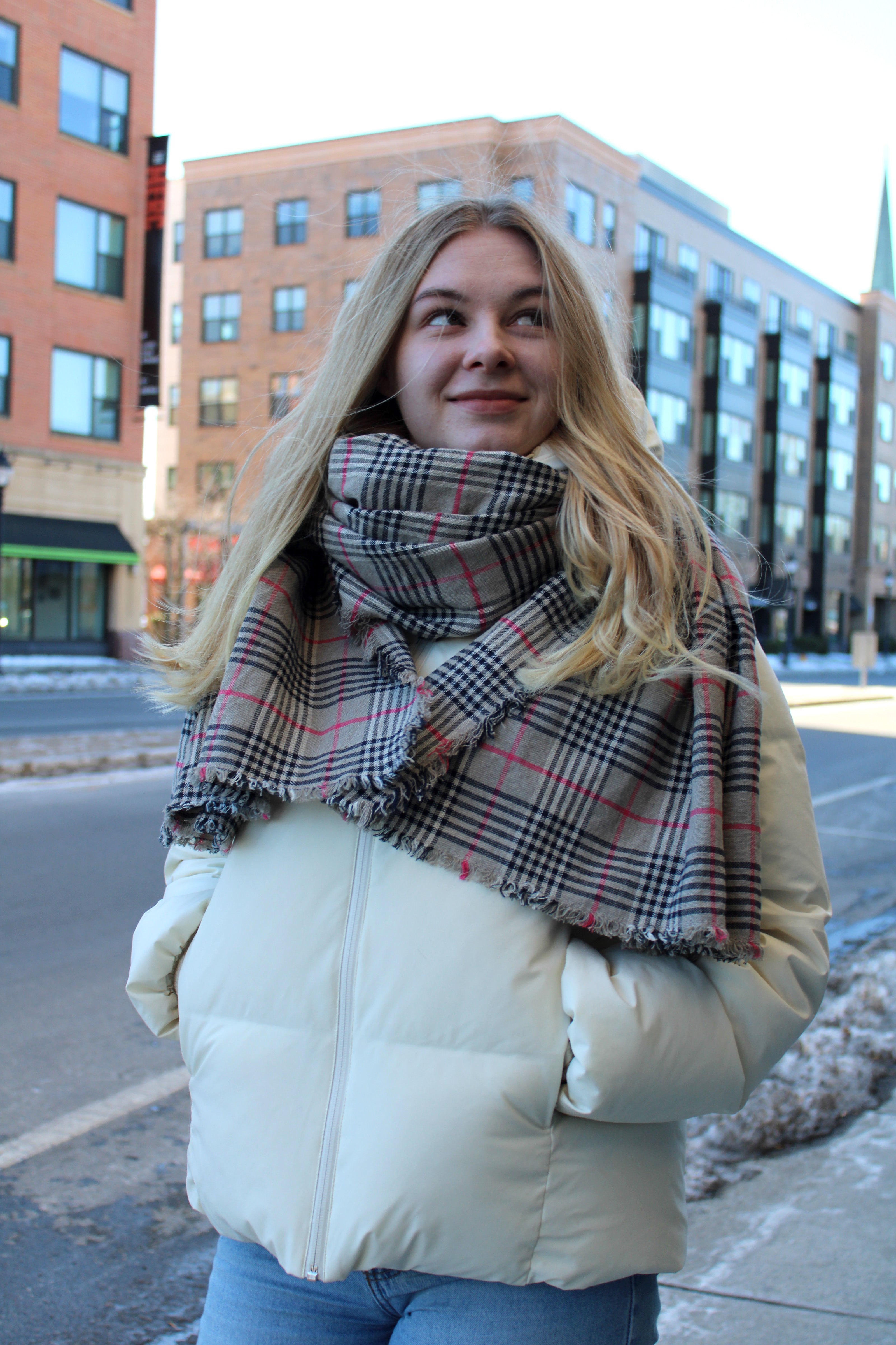 Natural Linen Scarf - Handmade Thick Flax Linen Scarf - Heavyweight Plaid Pattern