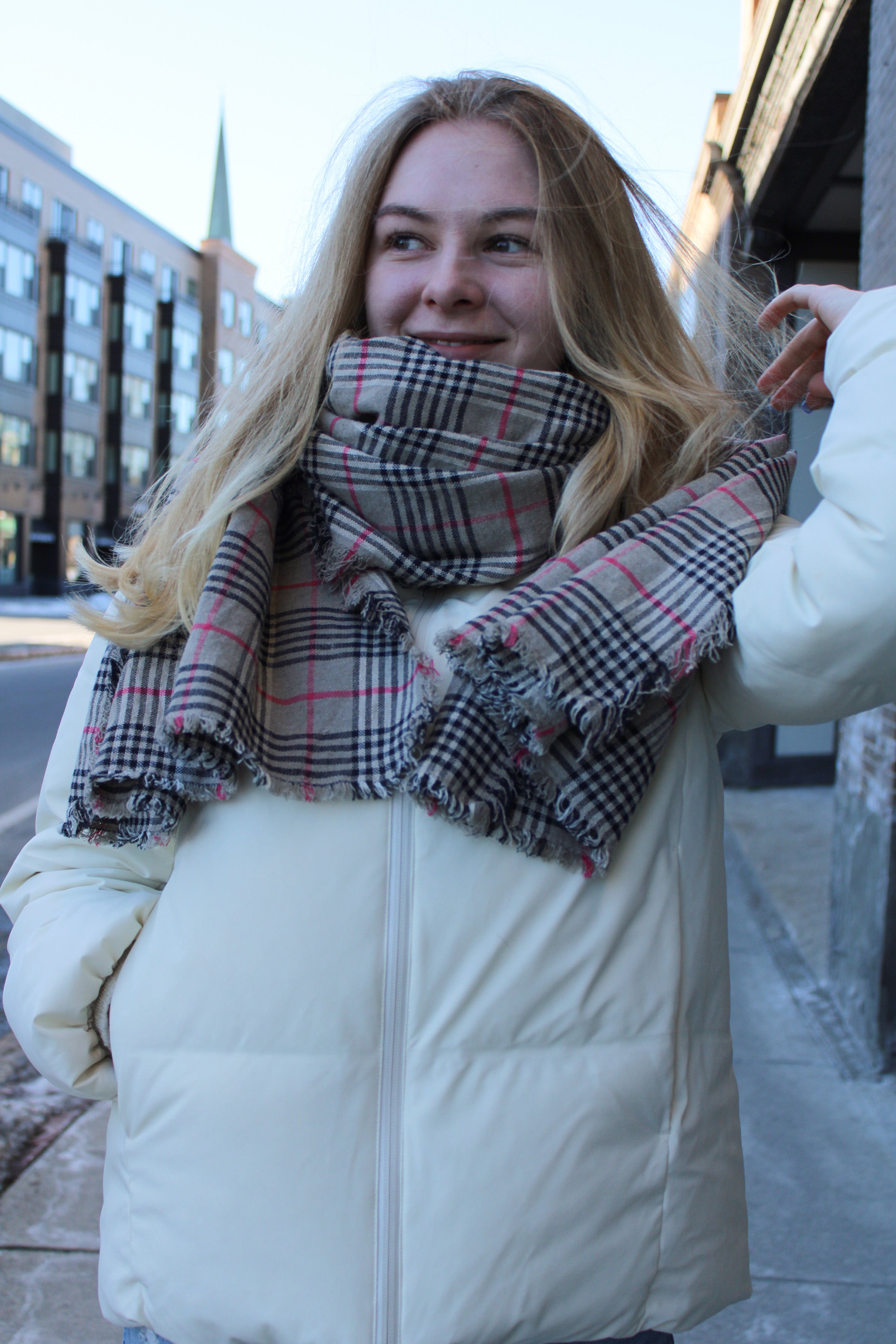 Natural Linen Scarf - Handmade Thick Flax Linen Scarf - Heavyweight Plaid Pattern
