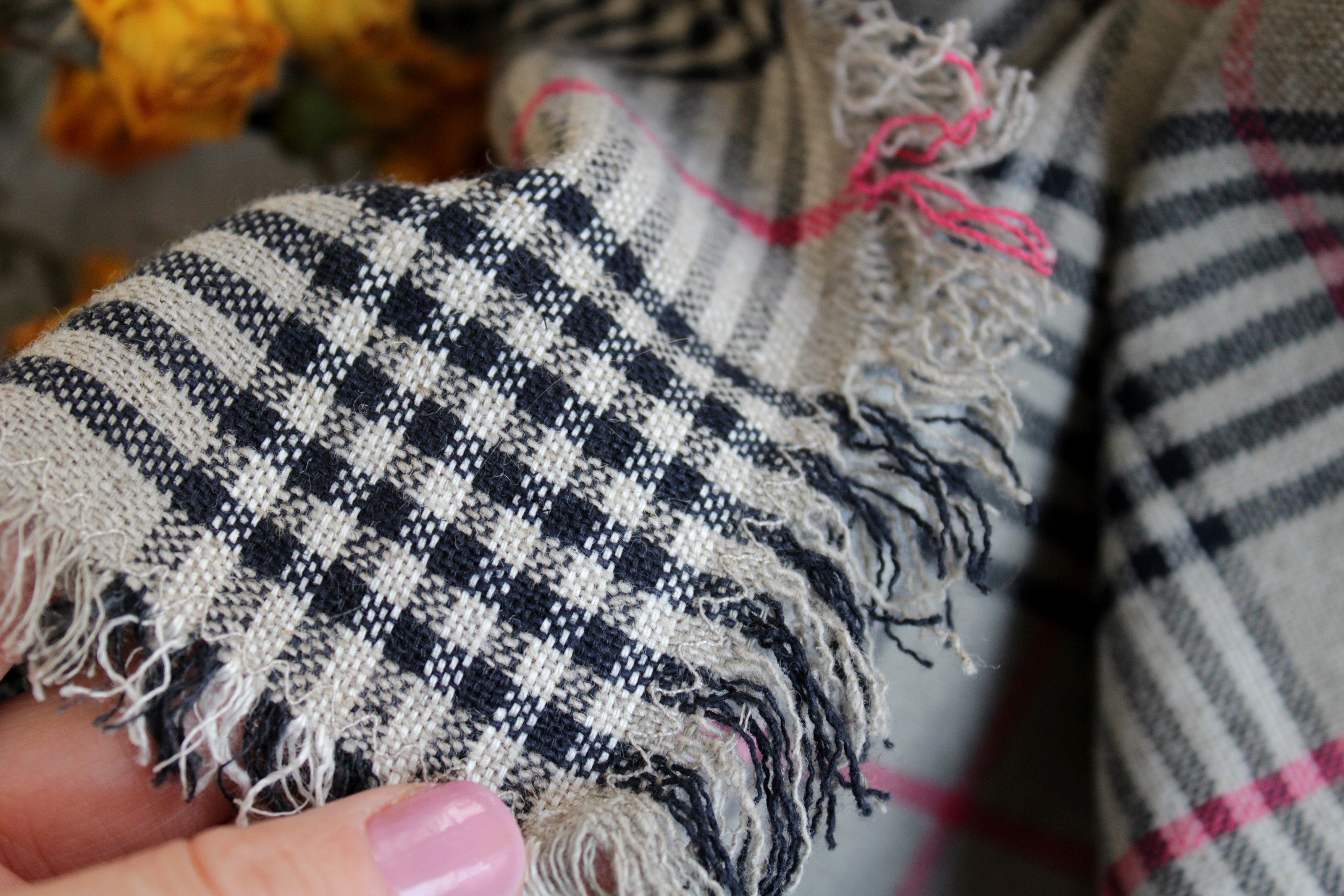 Natural Linen Scarf - Handmade Thick Flax Linen Scarf - Heavyweight Plaid Pattern