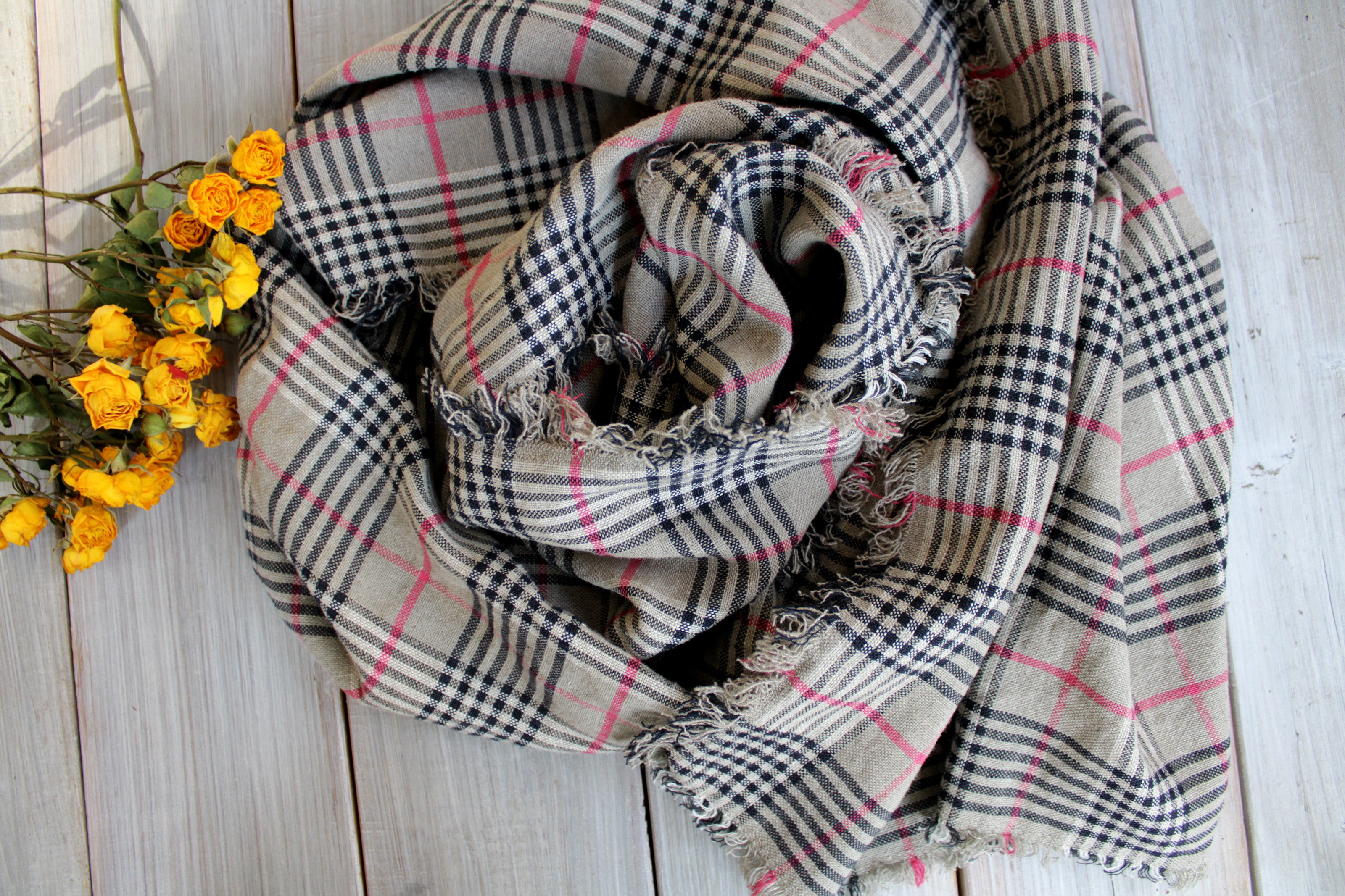 Natural Linen Scarf - Handmade Thick Flax Linen Scarf - Heavyweight Plaid Pattern