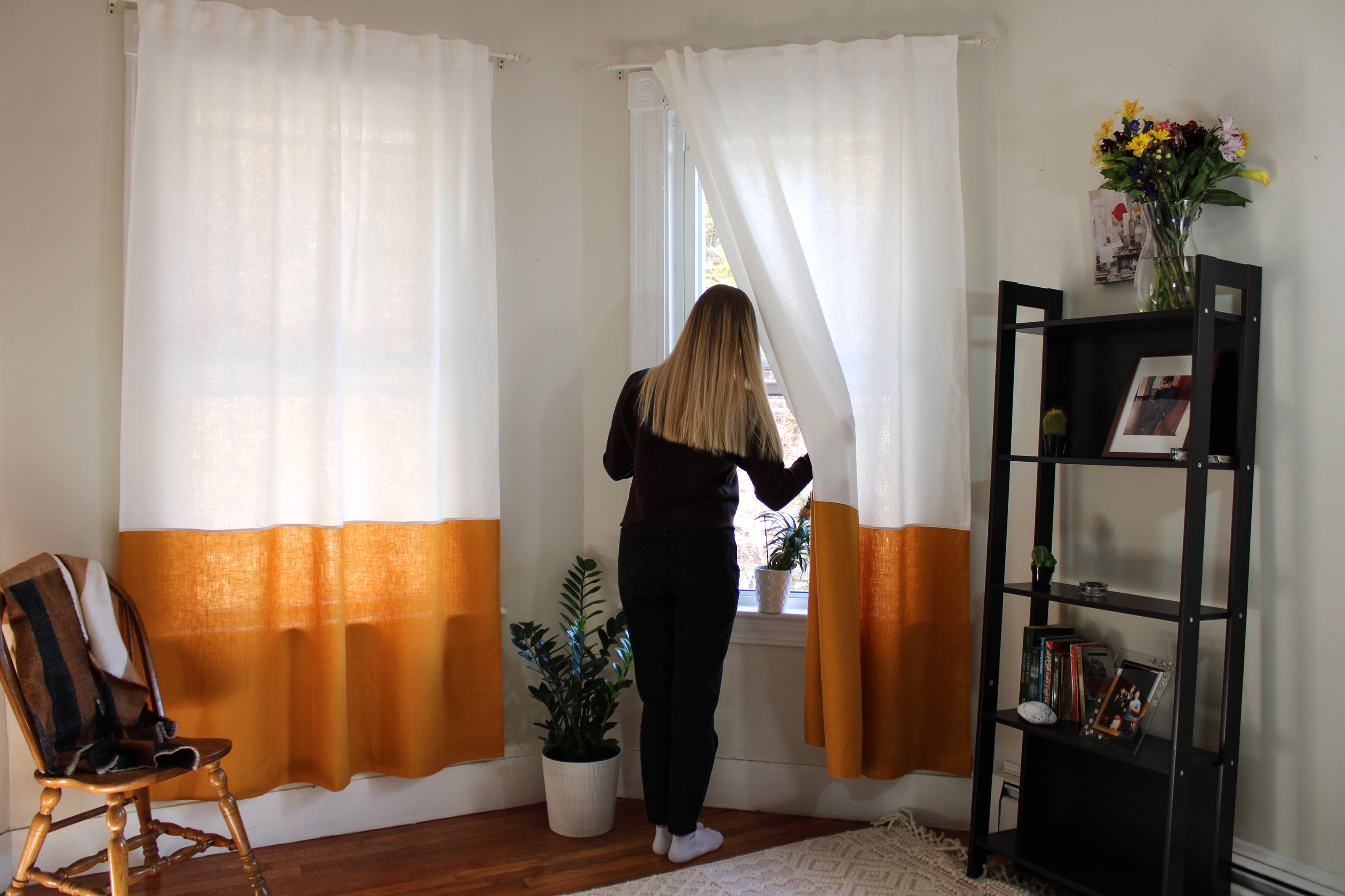 Linen Color Block Curtain – Two-Tone Custom Curtain ( White + Arrowwood ) - 1 panel