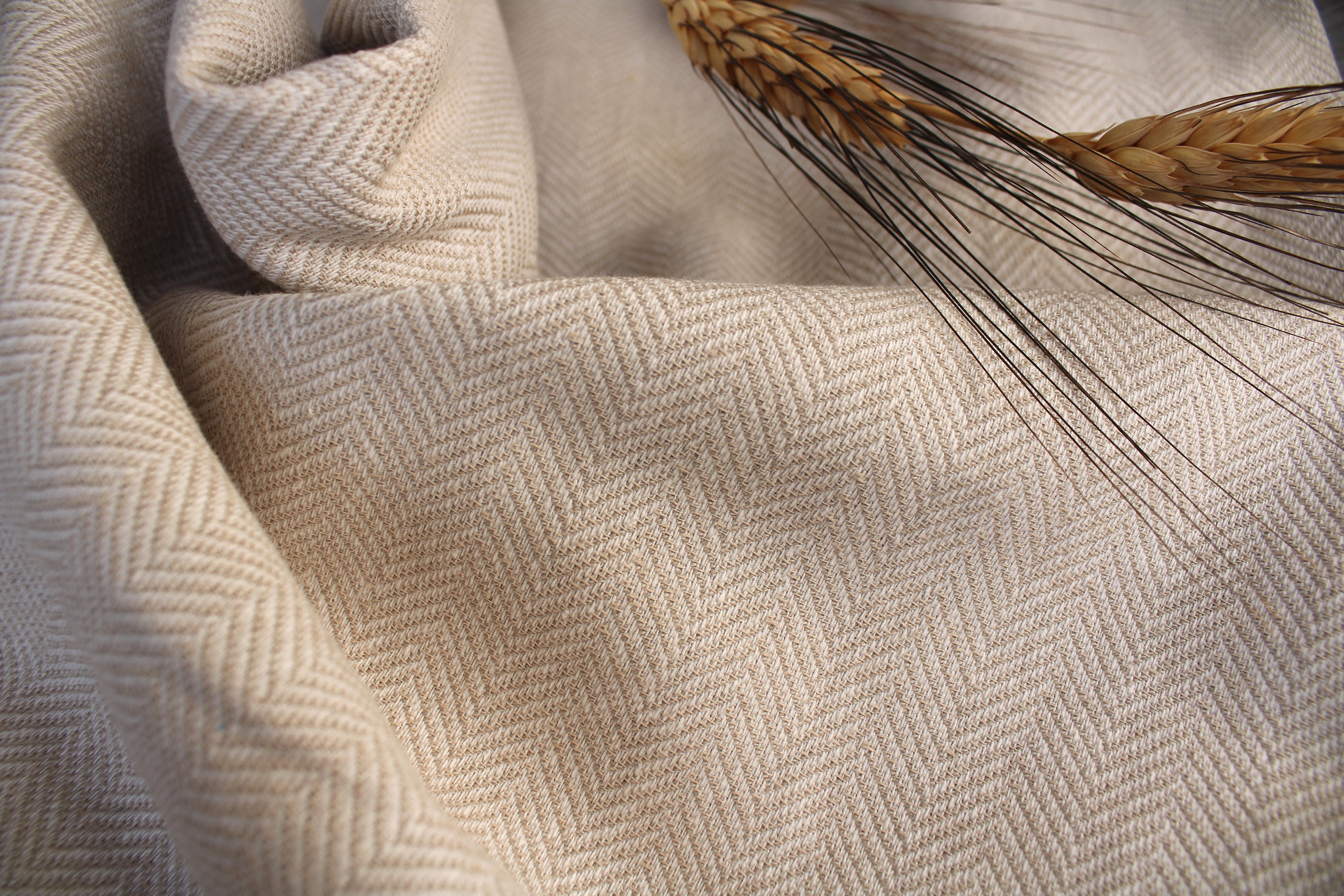 Beige Herringbone Linen Fabric by the yard - Linen-Cotton blend - Mediun weight