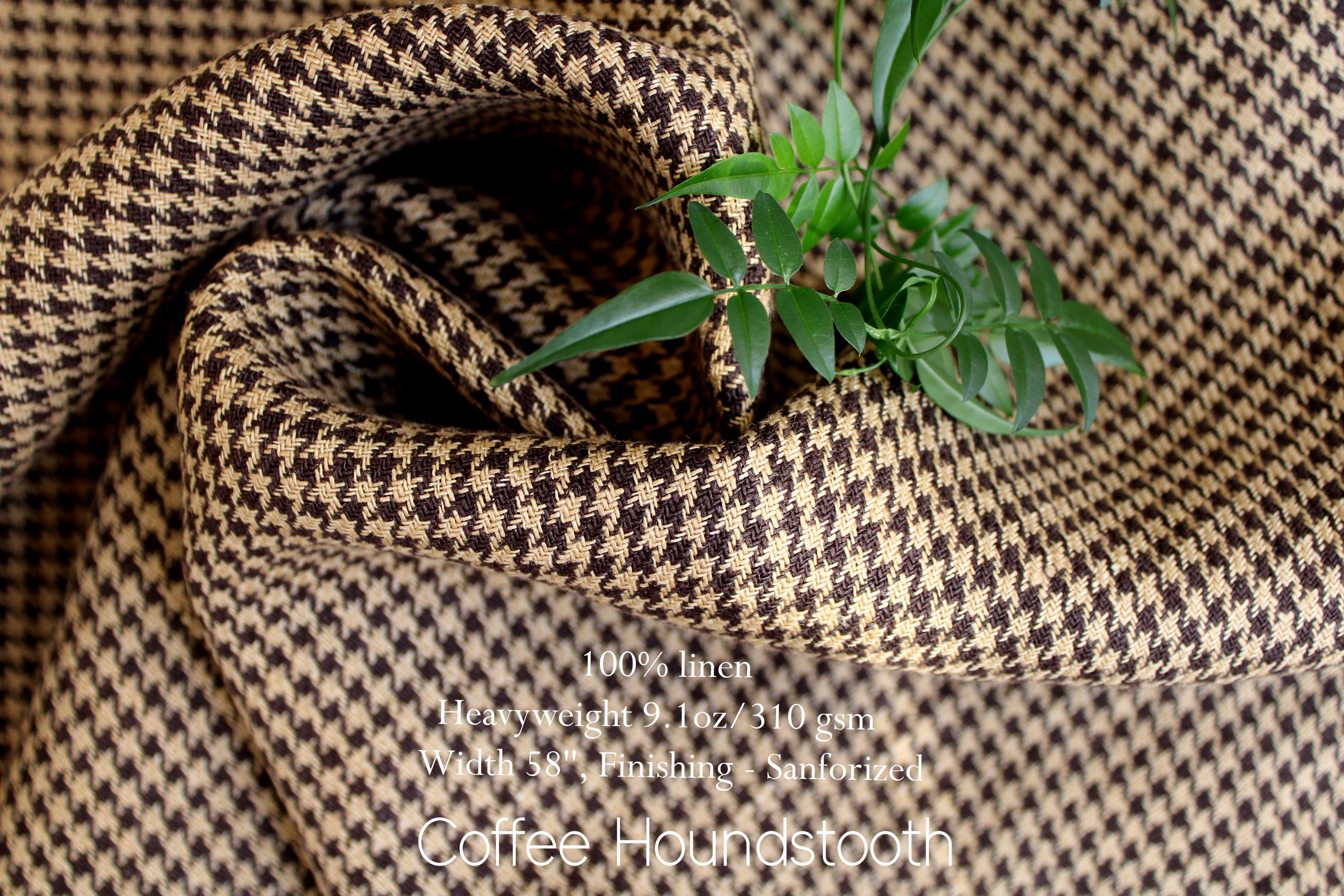 100% Linen Fabric by the Yard / COFFEE HOUNDSTOOTH Linen Fabric / Buy Linen Online