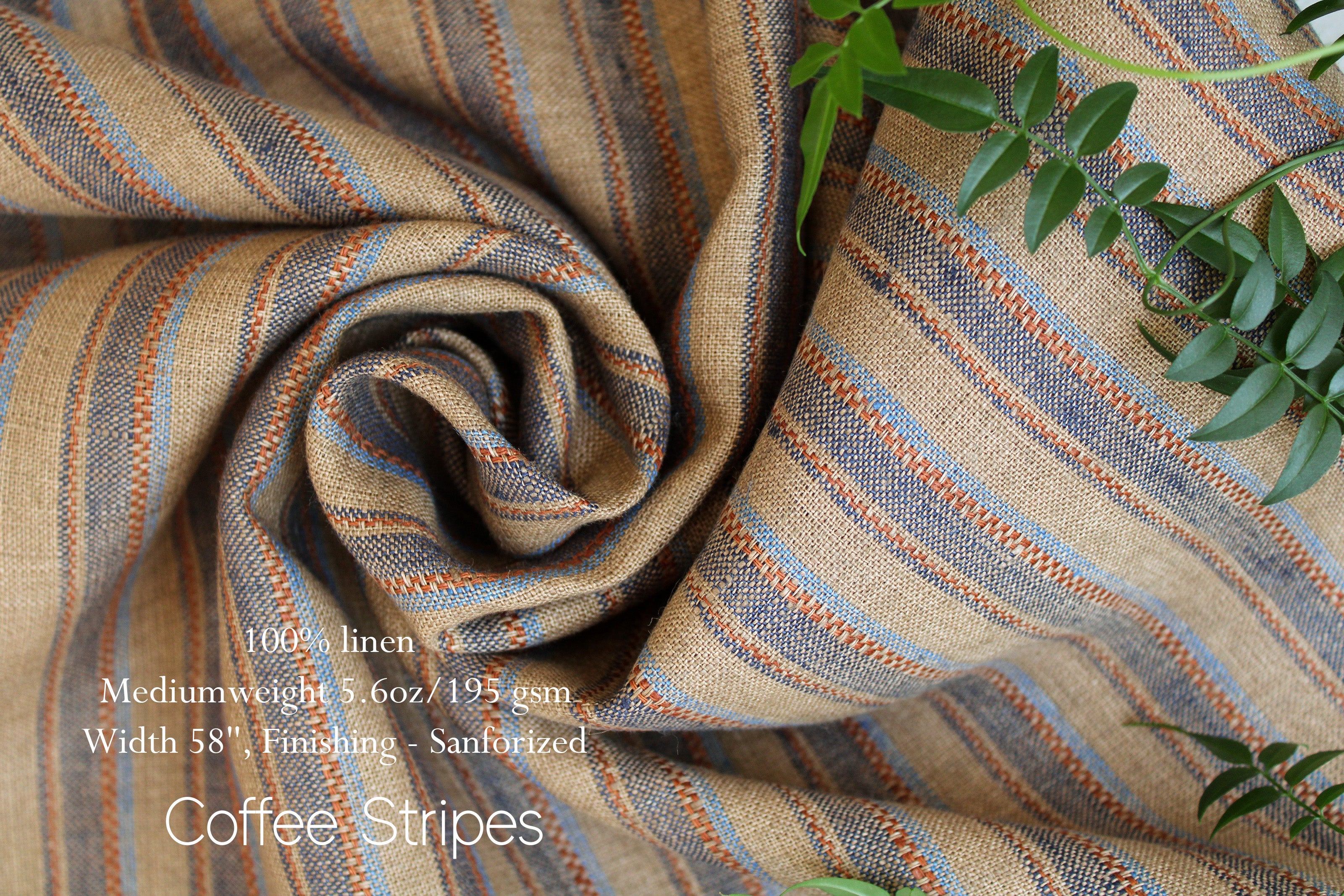 100% Linen Fabric by the Yard / Coffee Sripes Linen Fabric / Buy Linen Online