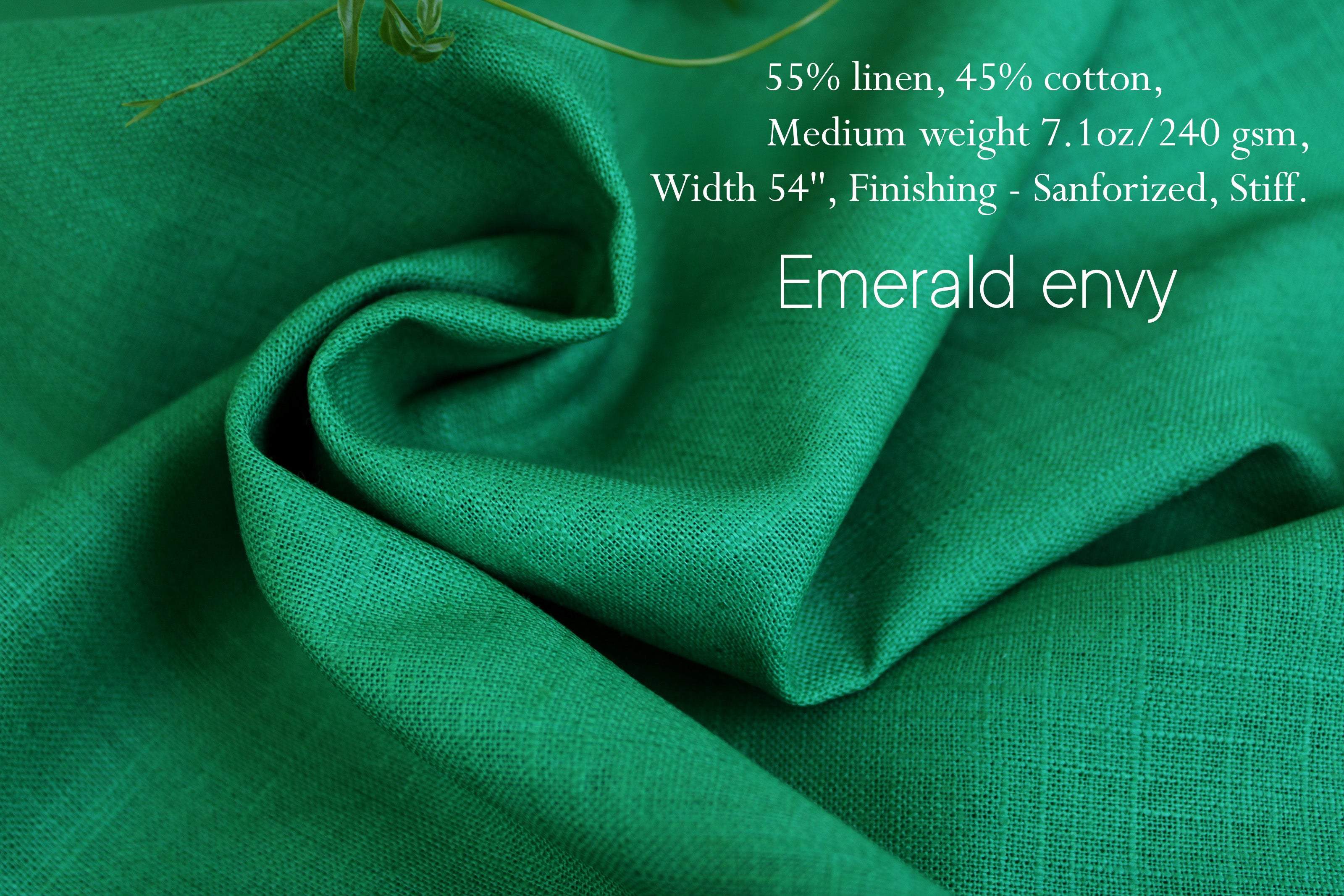 Green Linen fabric by the yard - Emerald envy Linen cotton blend - Medium weight - Stiff