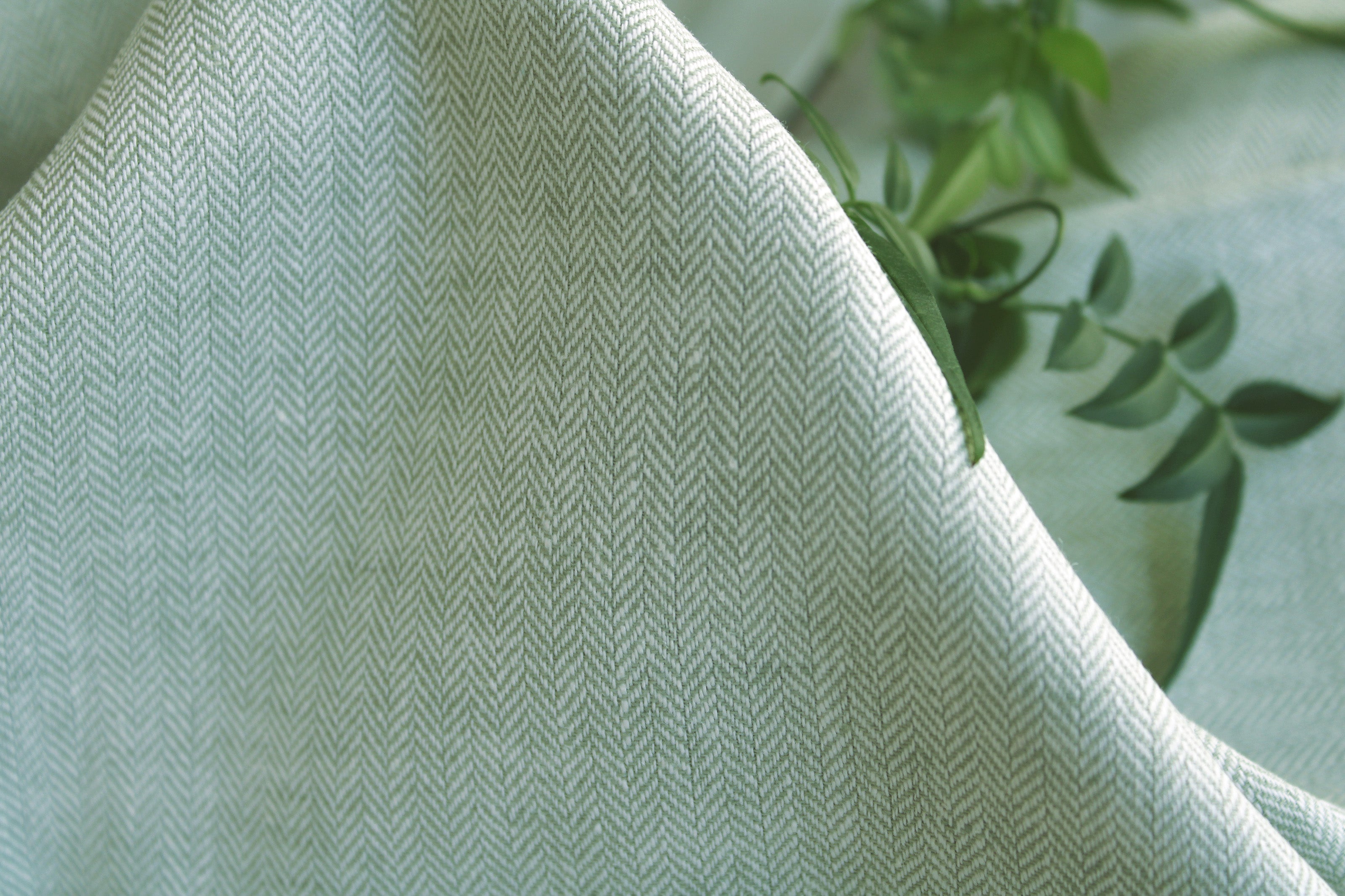 Light Green Herringbone Linen fabric by the yard - Medium weight Linen cotton blend