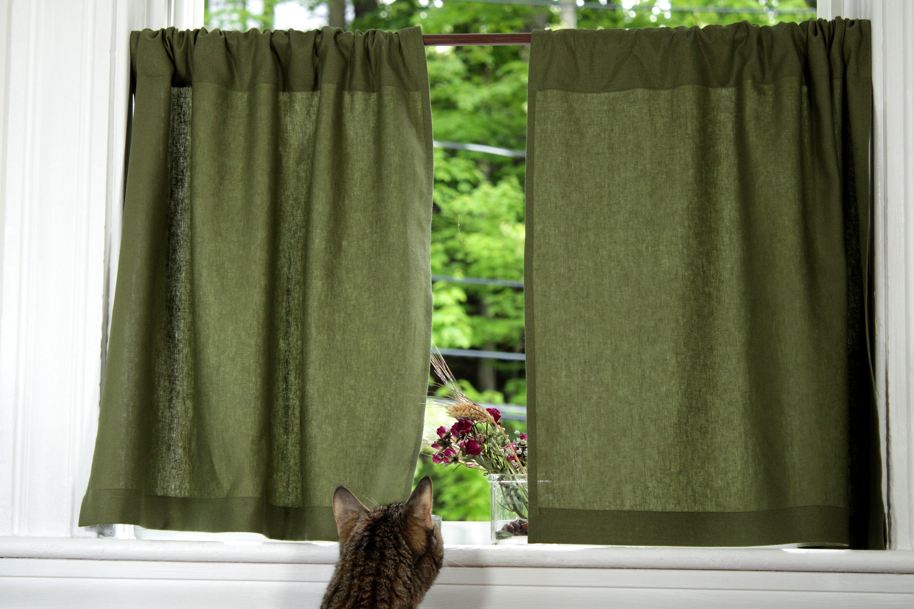 Moss Green Linen Kitchen Curtains - Soft, Preshrunk Café Style / Custom curtains USA