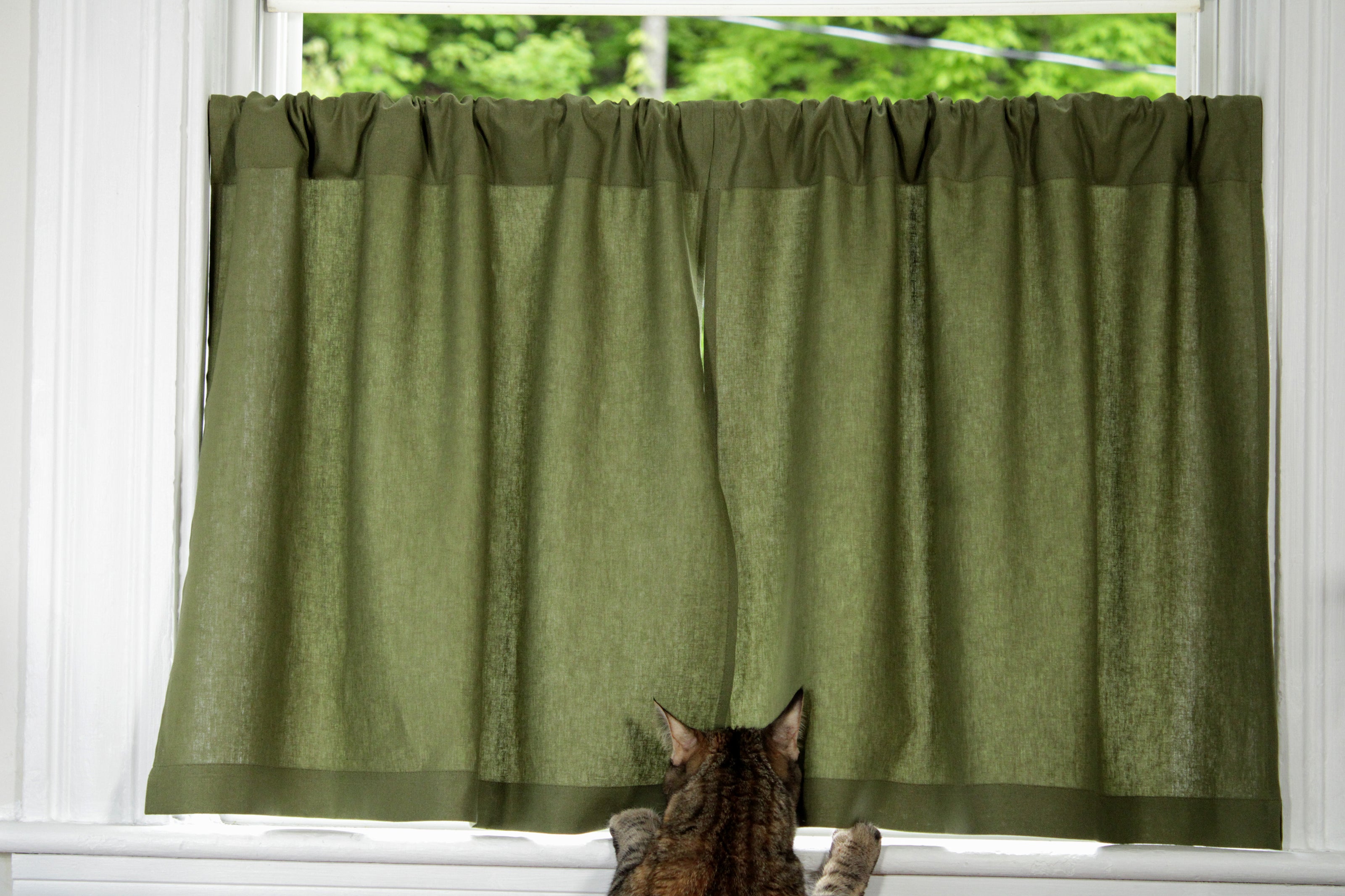 Moss Green Linen Kitchen Curtains - Soft, Preshrunk Café Style / Custom curtains USA