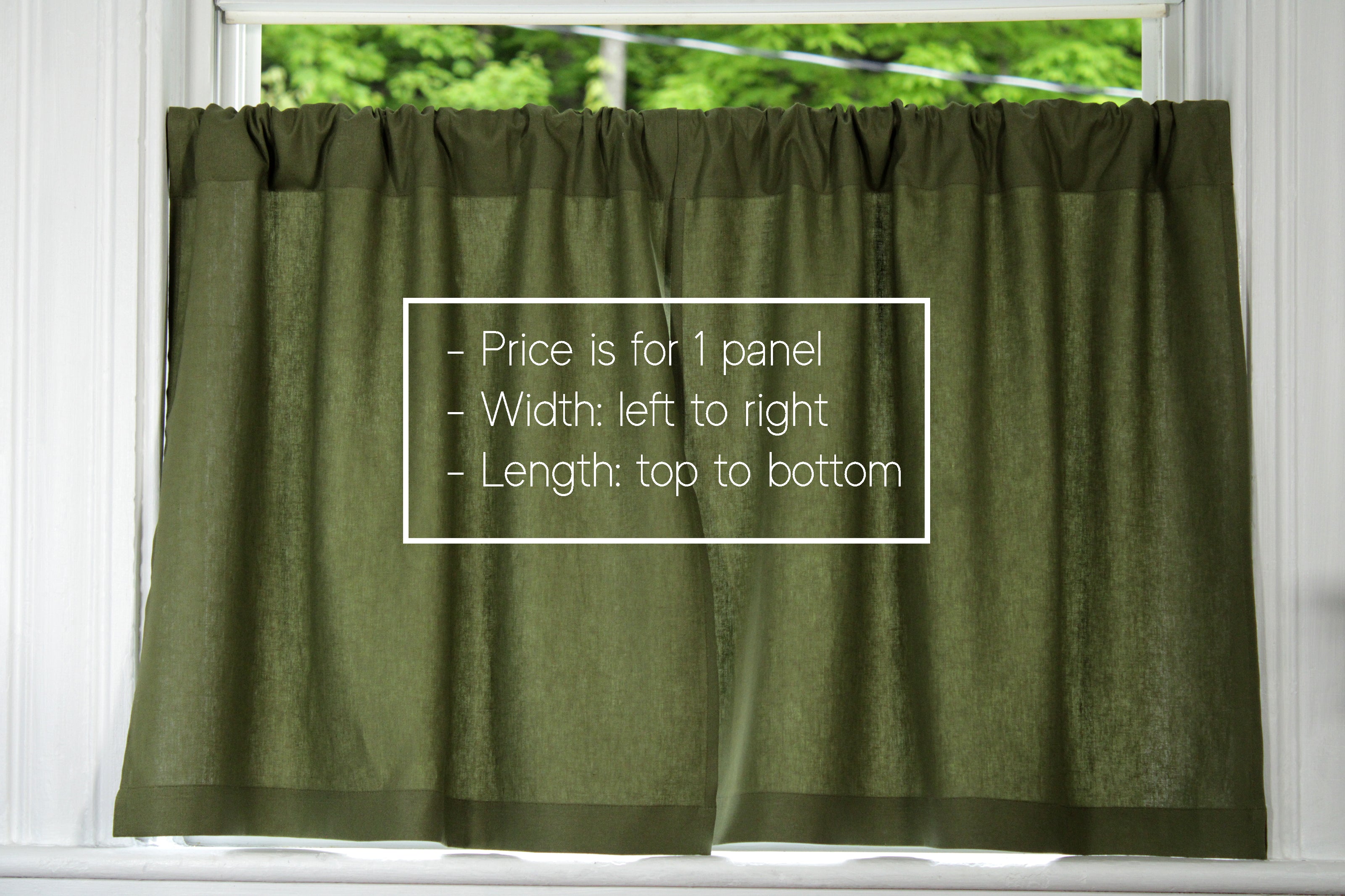 Moss Green Linen Kitchen Curtains - Soft, Preshrunk Café Style / Custom curtains USA