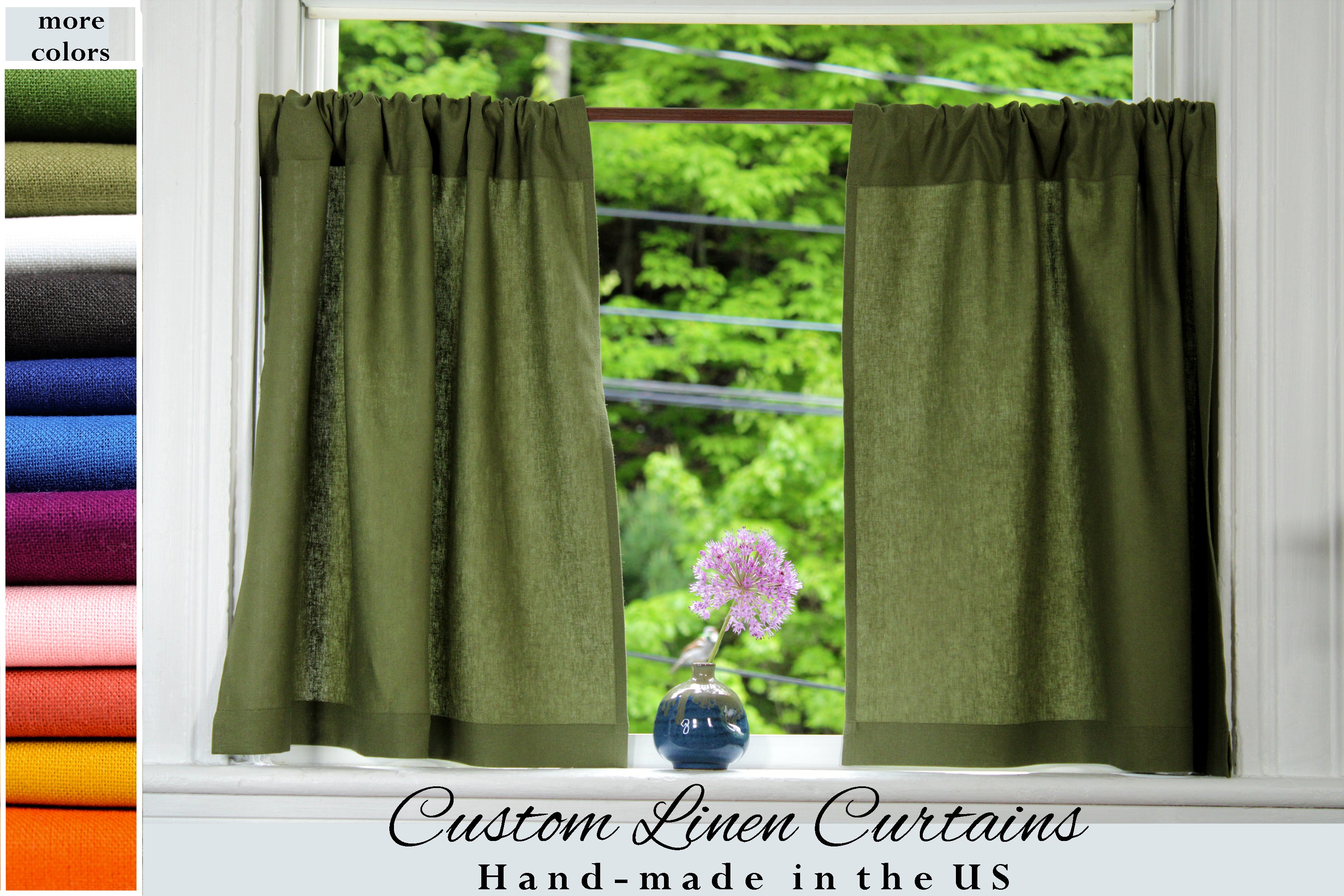 Moss Green Linen Kitchen Curtains - Soft, Preshrunk Café Style / Custom curtains USA