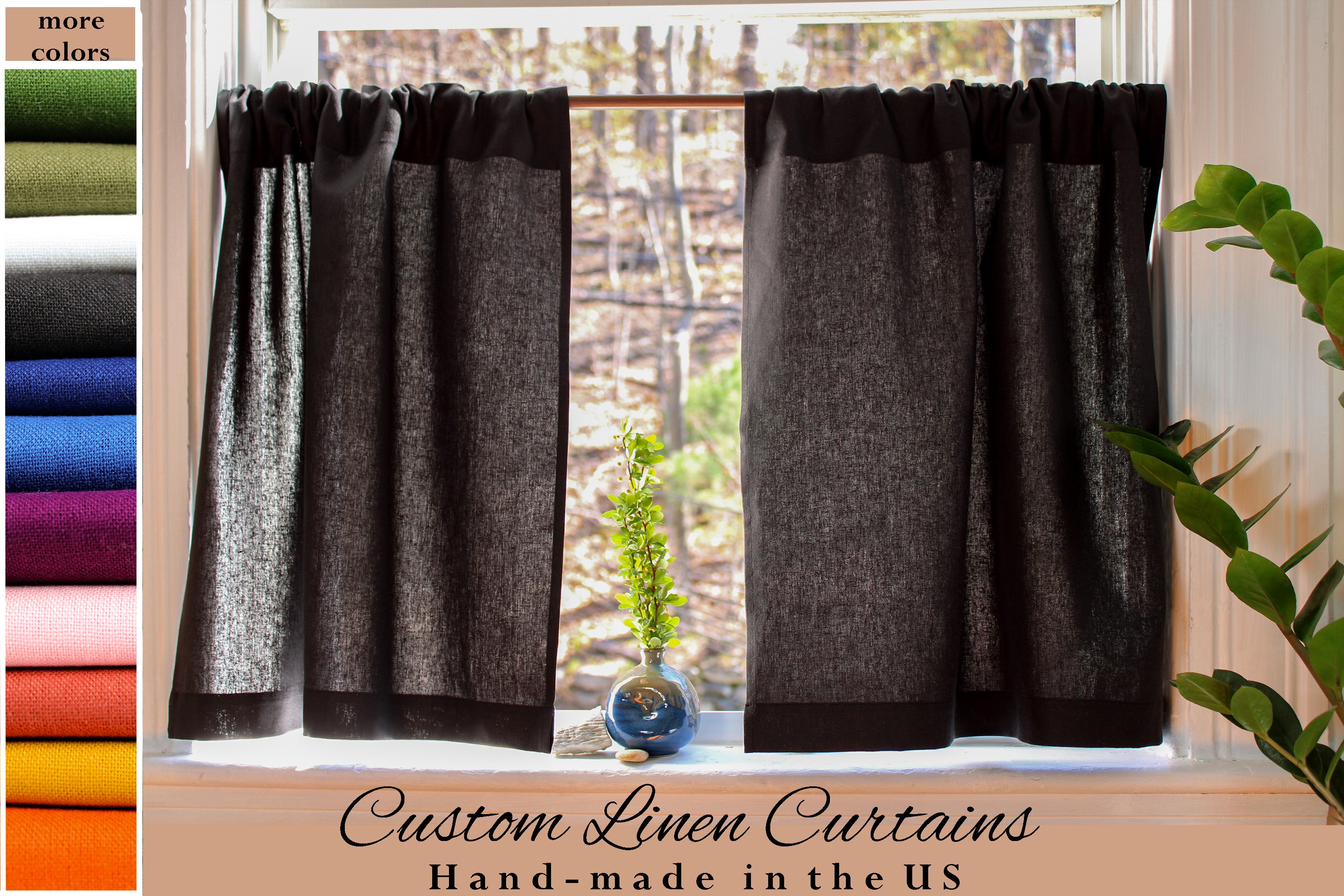 Linen Cafe Curtains / Black Linen Curtains made in USA / Custom curtains