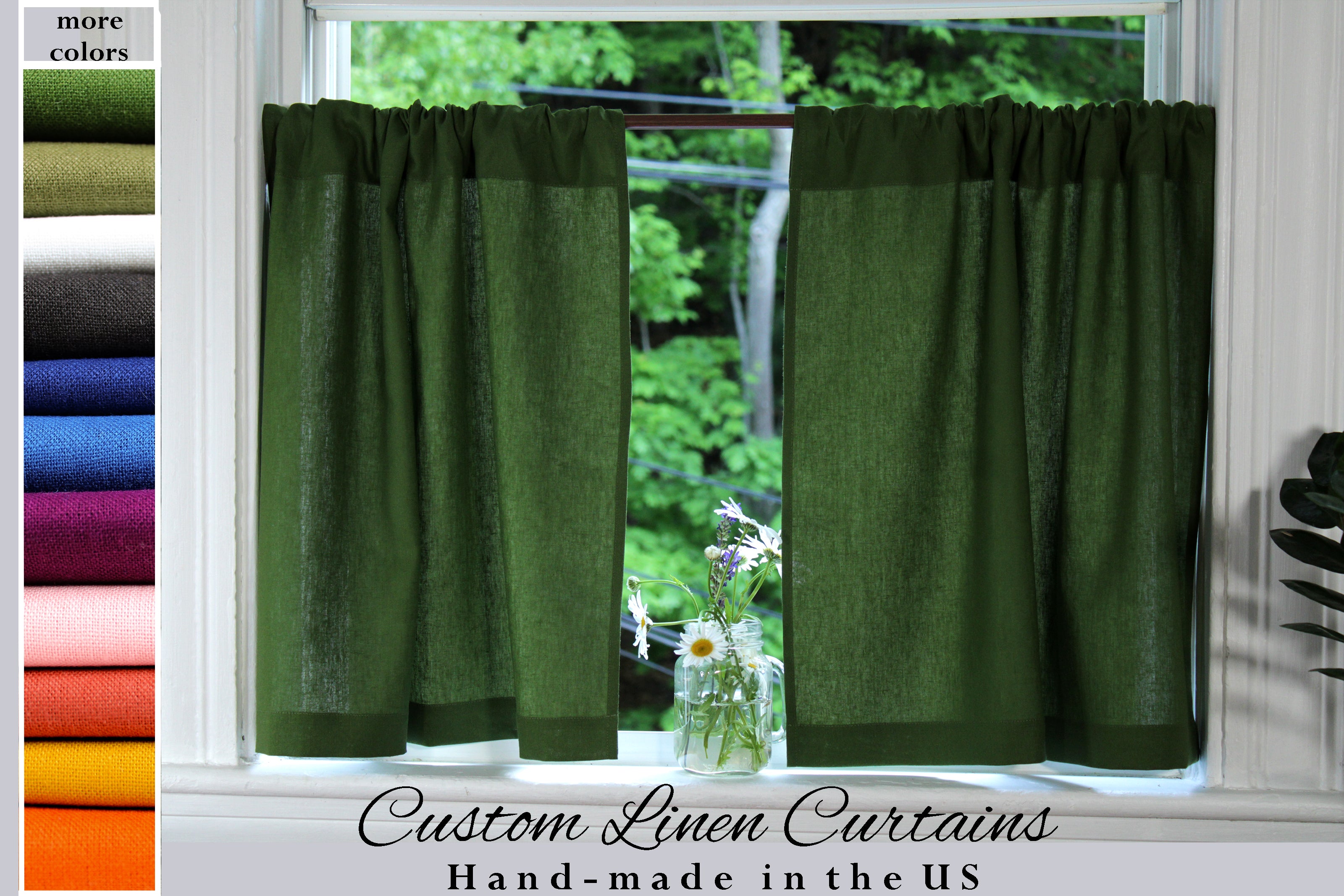 100% Linen Curtains made in the US /Short Linen Curtains / Green Curtains Linen / Custom Curtains