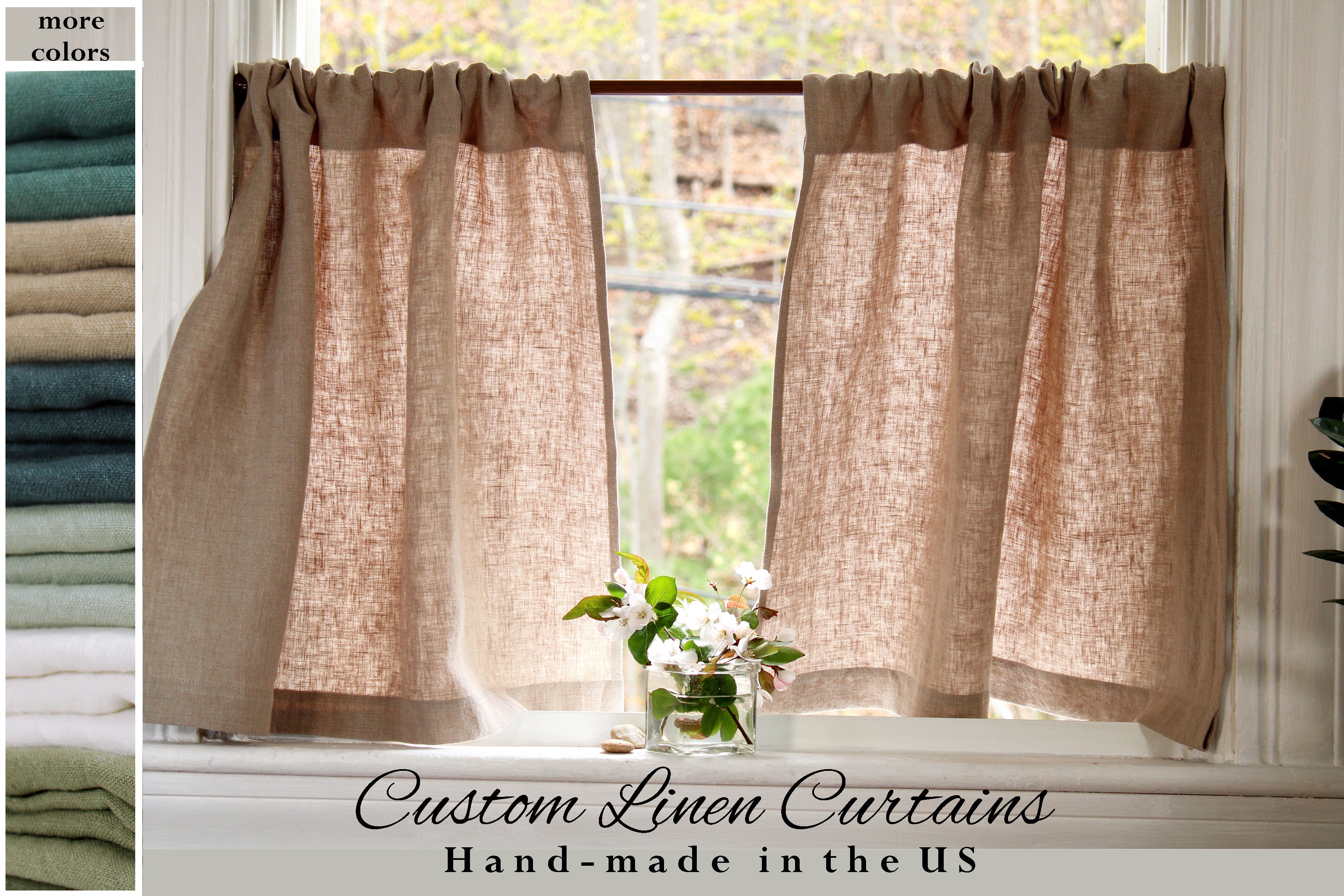 Natural Linen Cafe Curtains made in the US / Custom Linen Curtains