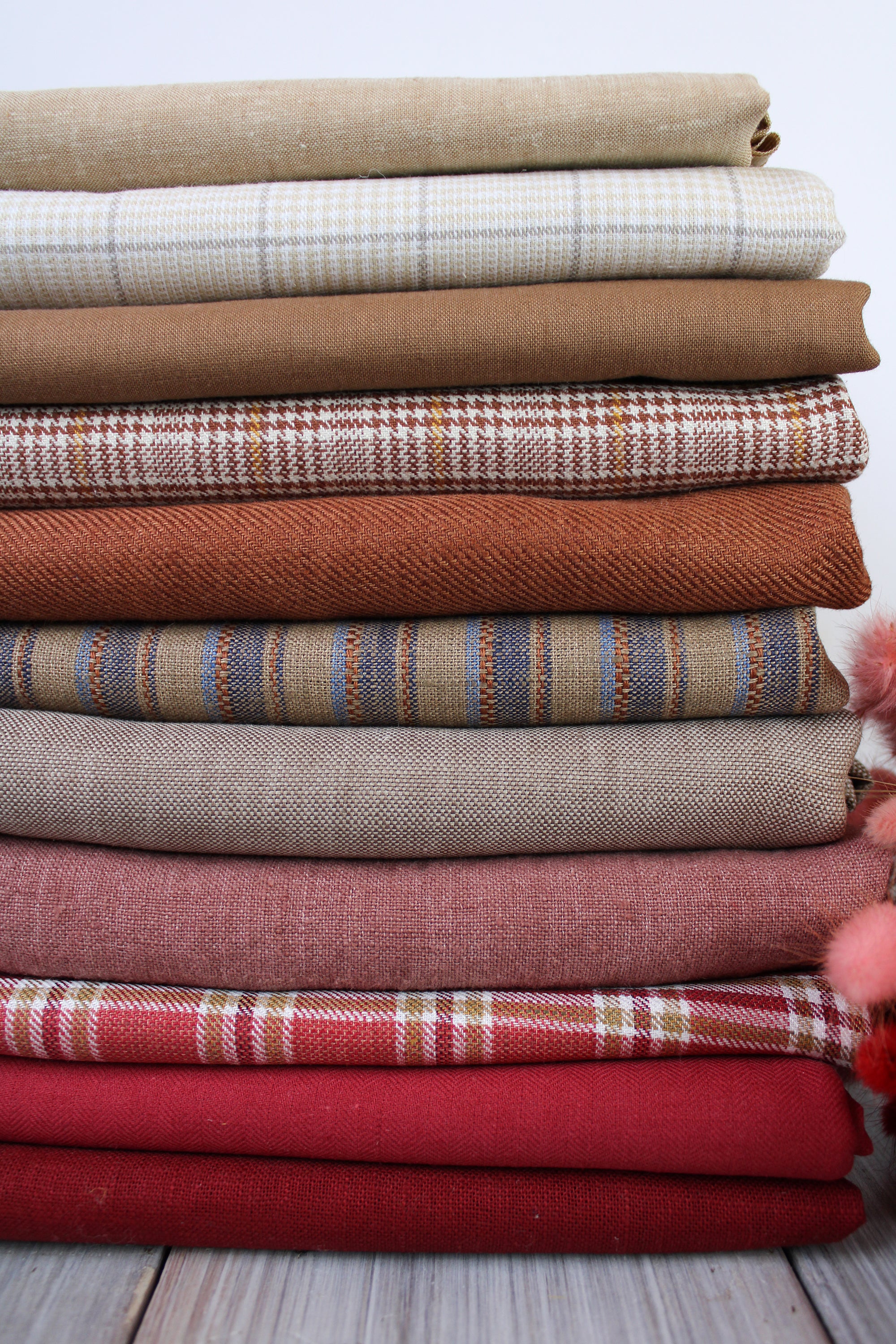 100% Linen Fabric by the Yard / Beige Brown Wine Check Plaid Linen Fabric / Buy Linen Online