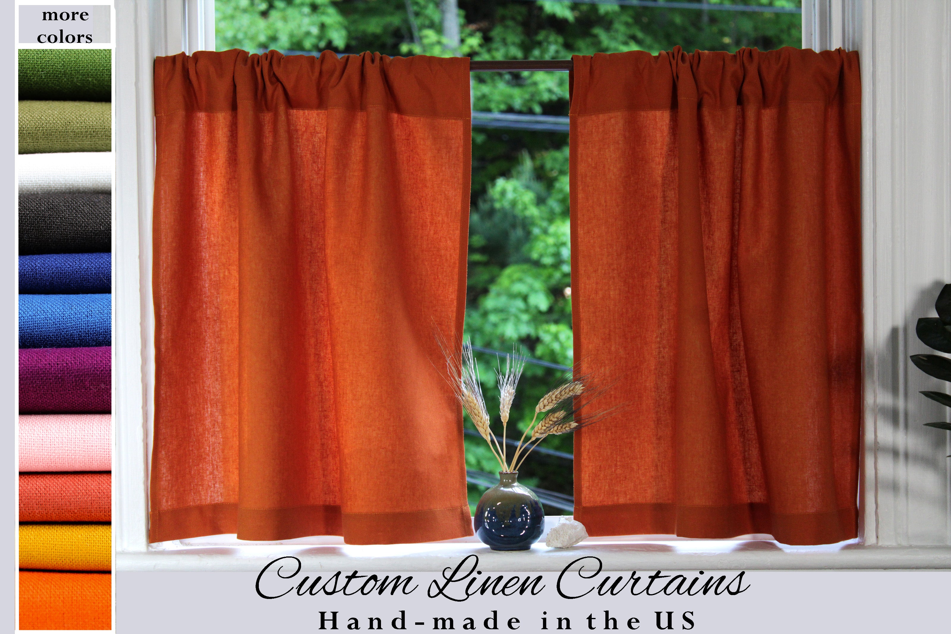 Pure Linen Cafe Curtains Medium weight / Rust Linen Curtains / Custom Curtains Online