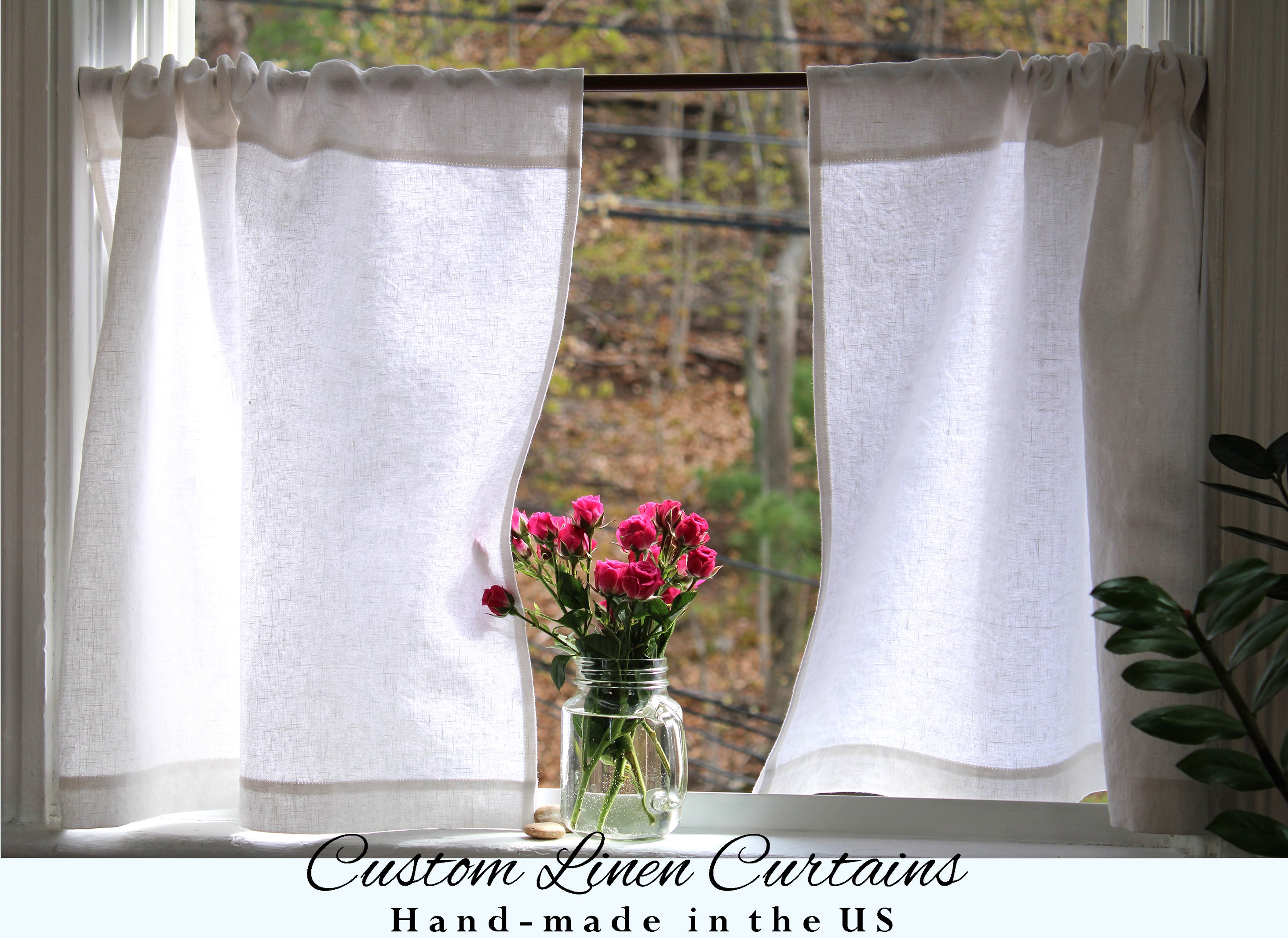 White Linen Curtains made in the US / Linen Cafe Curtains / Custom Curtains