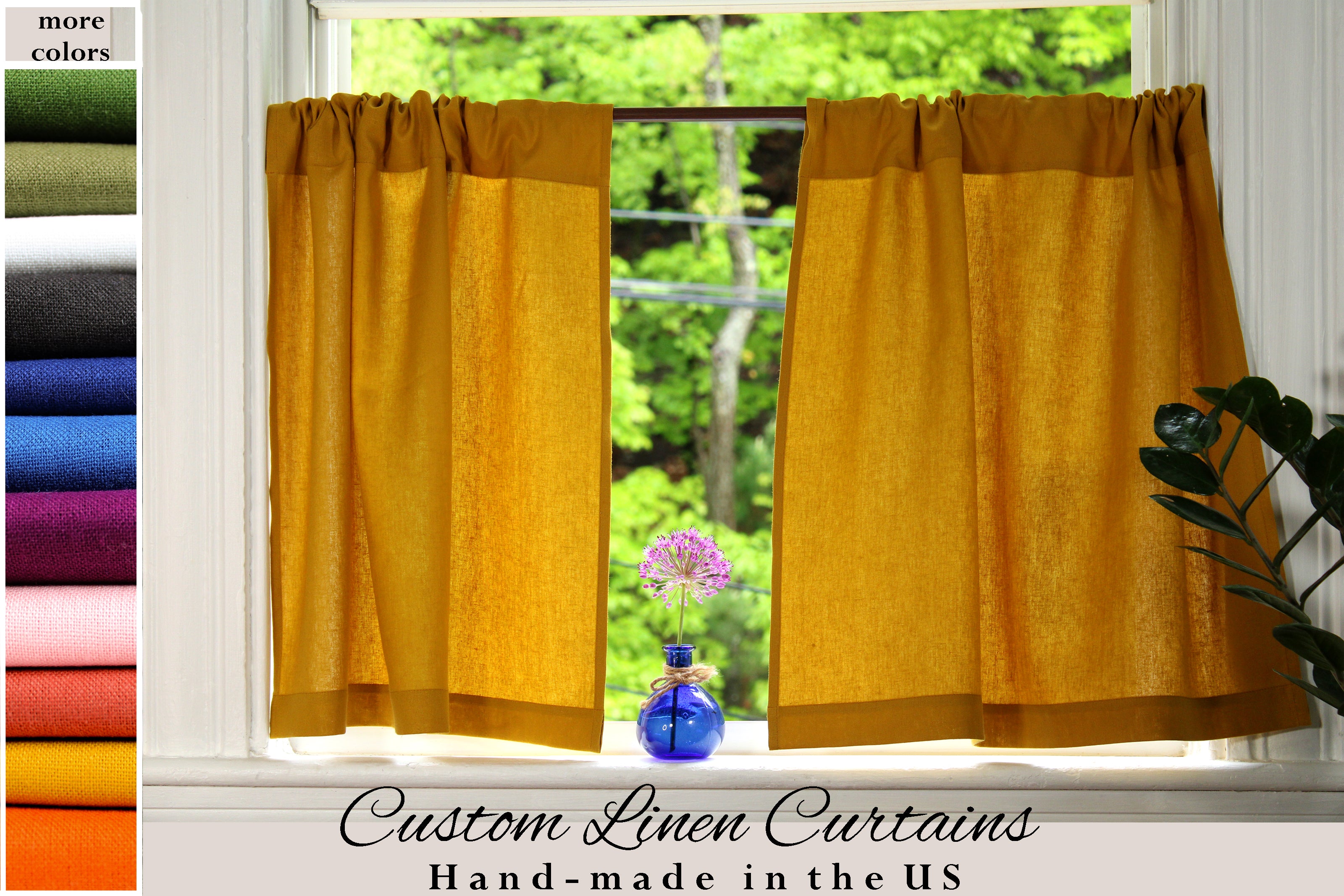 100% Linen Curtains made in the US /Short Linen Curtains / Yellow Kitchen Curtains / Custom Curtains