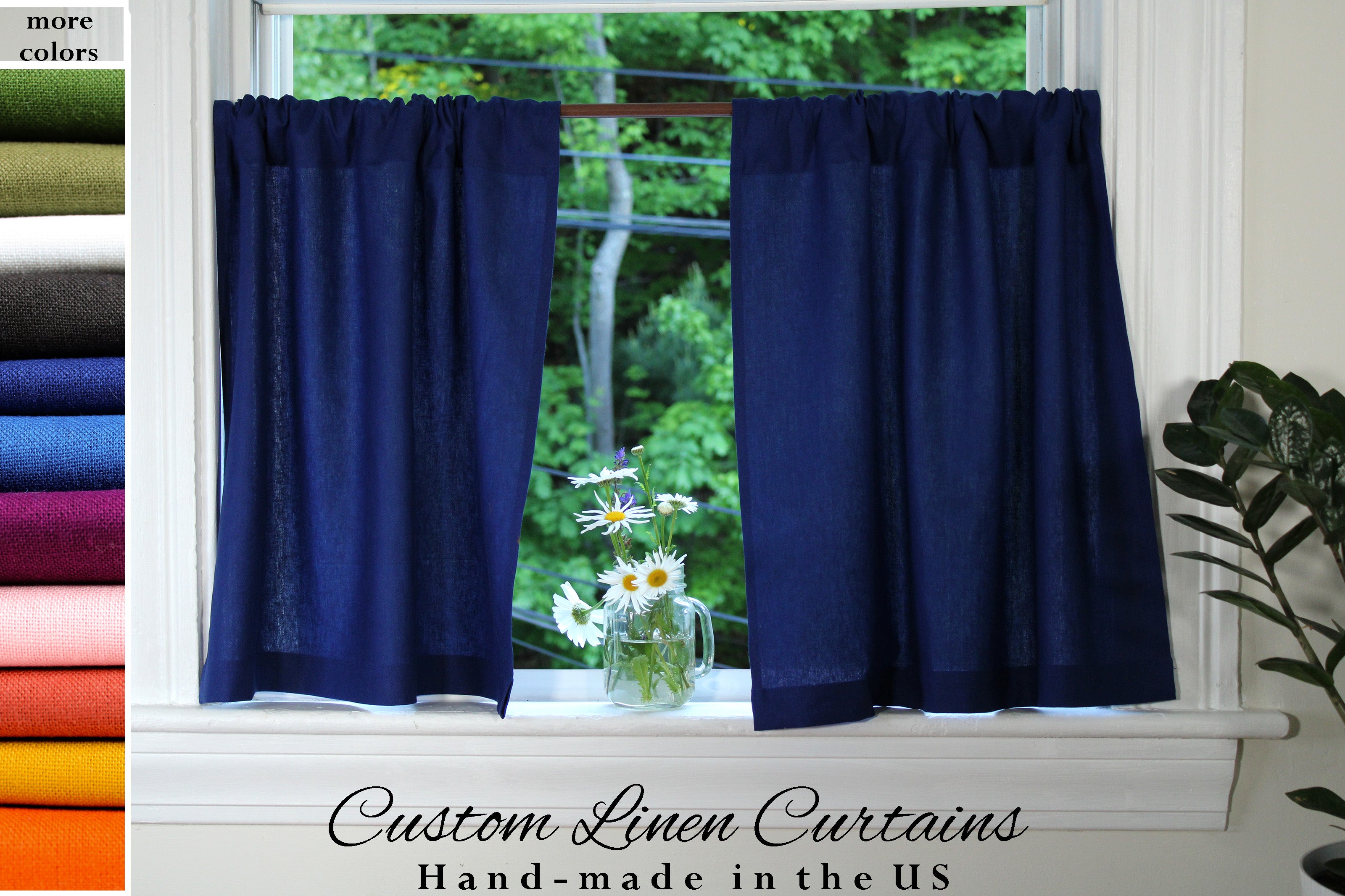 Dark Blue Linen Curtains / Pure Linen Kitchen Curtains / Custom Curtains Online