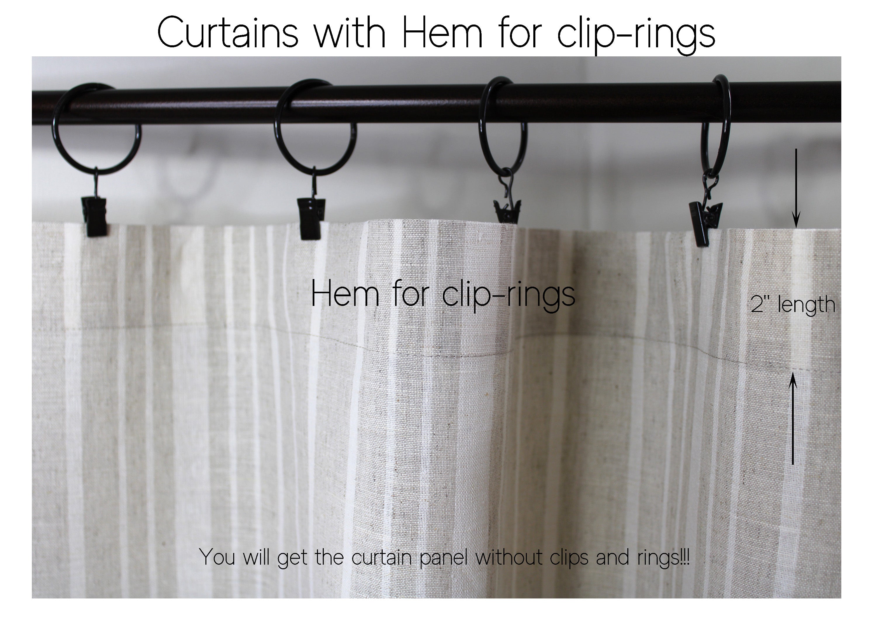 Wide Linen Curtains with Hem for clip-rings / European Striped Linen Curtains / CUSTOM Linen Curtains