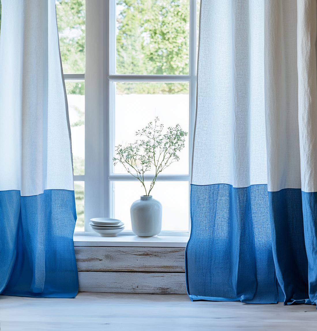 Linen Color Block Curtain – Two-Tone Custom Curtain ( White + Classic blue ) - 1 panel