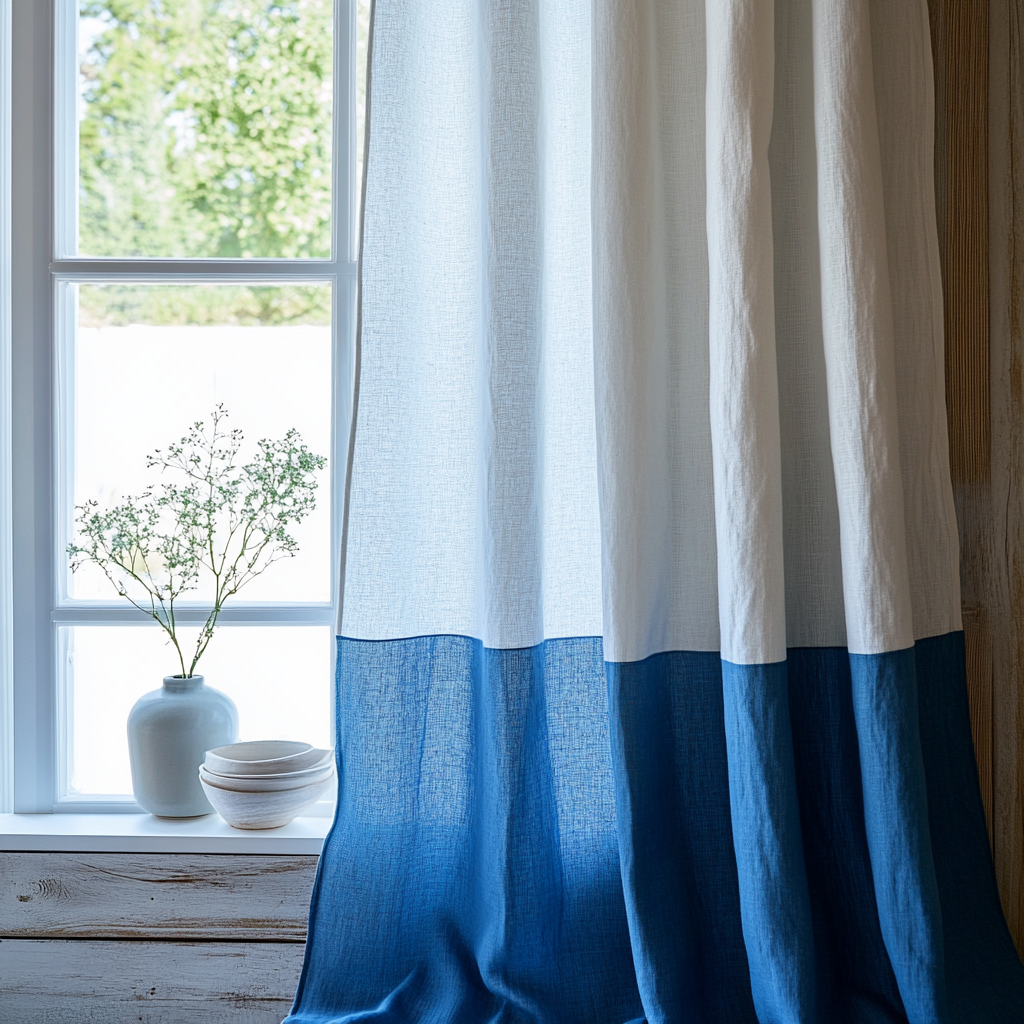 Linen Color Block Curtain – Two-Tone Custom Curtain ( White + Classic blue ) - 1 panel