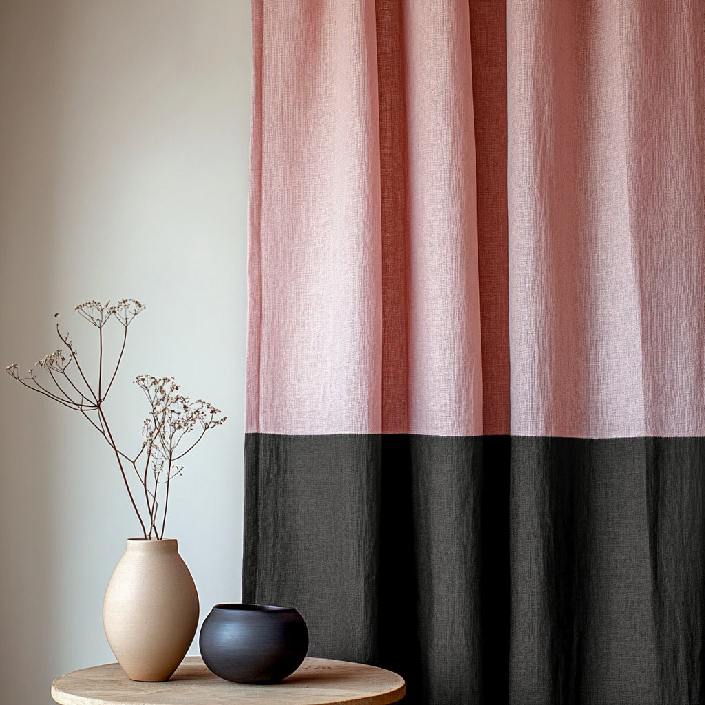 Linen Color Block Curtain – Two-Tone Custom Curtain - ( Blossom + Black ) - 1 panel