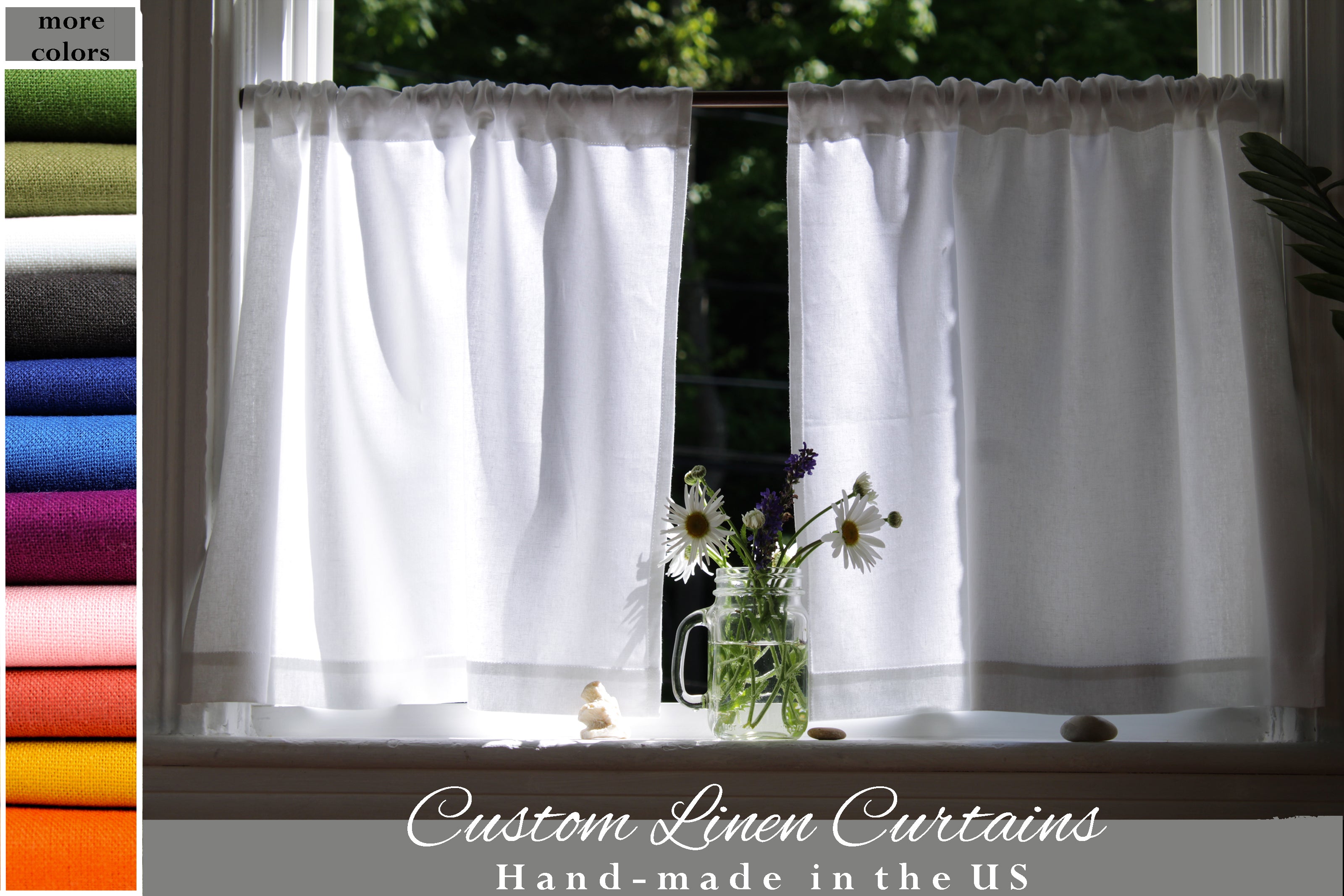 White Linen Curtains Semi-sheer / 100% Linen Curtains made in the US / Kitchen Linen Curtains / Custom Curtains