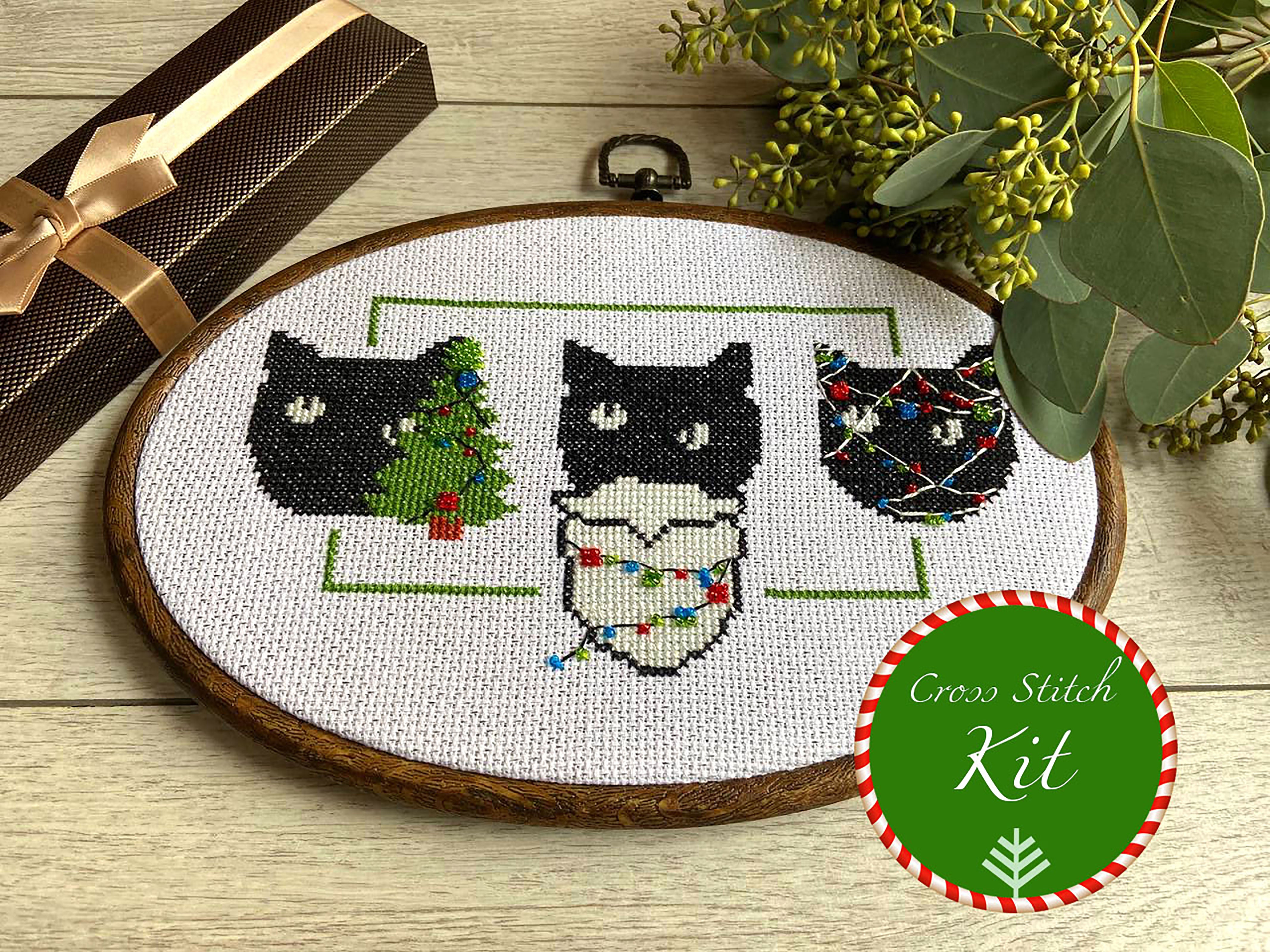 Cross Stitch Cat Kit / Christmas DIY Cross Stitch Kit / Three Christmas Cats
